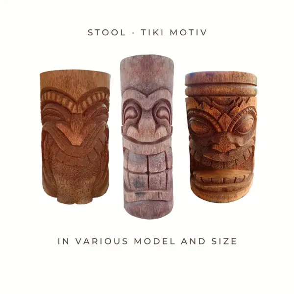 Product image 1 of the product “Stool - Tiki motiv, made from Coconut Wood, in the sizes 50 and 75cm. Open Mouth, Tounge Outstretched, and Fat Grin models ”